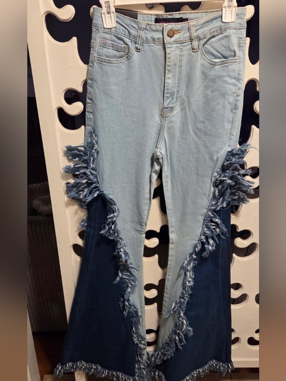 Frayed Two-Tone Light & Dark Blue Flare Jeans